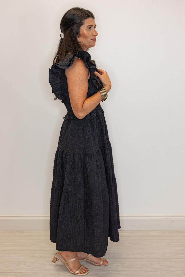black crinkle fabric ruffled midi dress