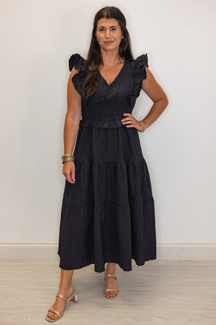 black crinkle fabric ruffled midi dress