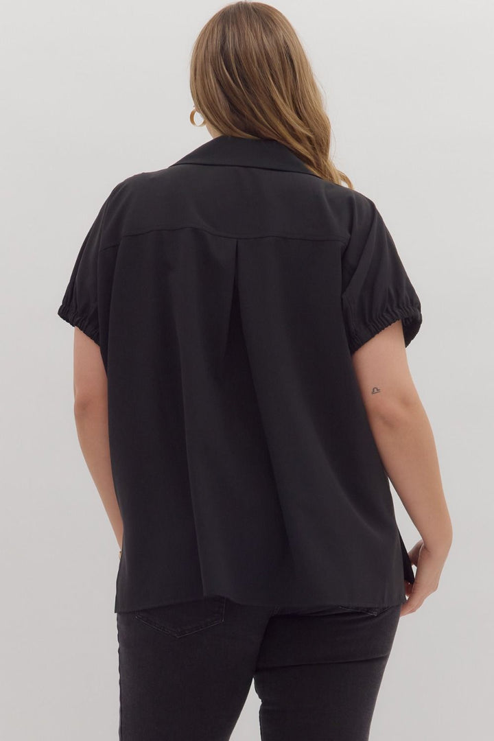 Women's black short sleeve top by Entro in Plus showing back view