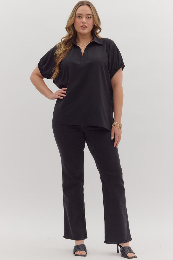 Women's black short sleeve top by Entro in Plus showing full front view