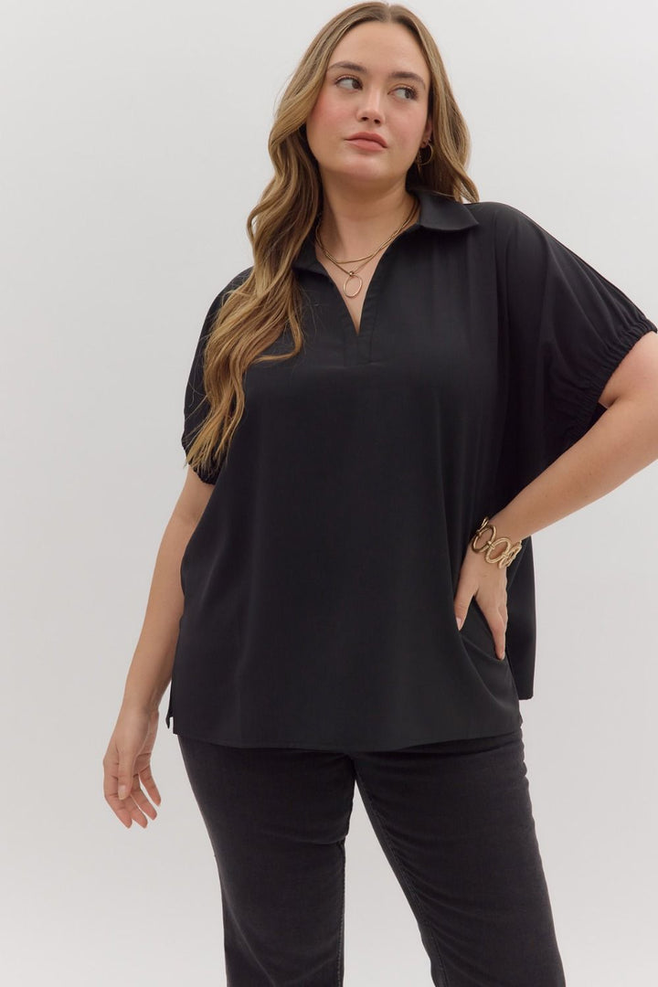 Women's black short sleeve top by Entro in Plus showing up close front view
