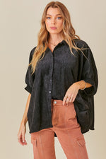 Bibi Black corduroy button down top with shirred sleeves