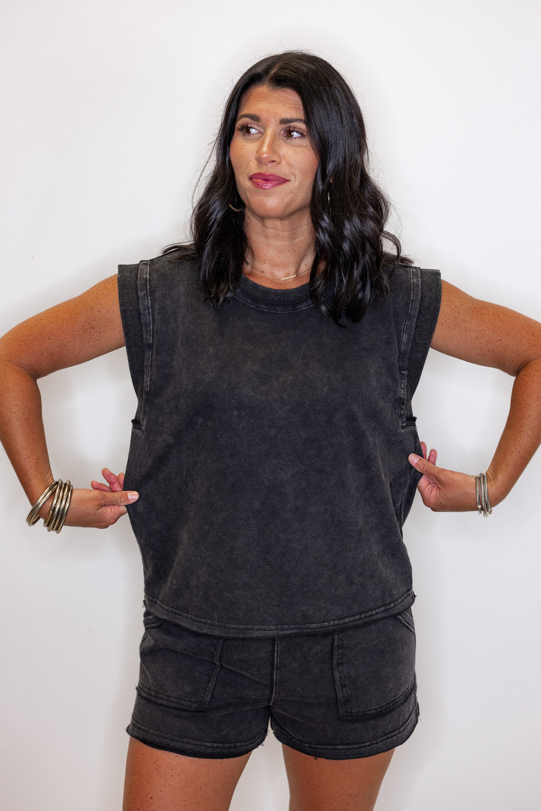 mineral washed black shorts top cotton set