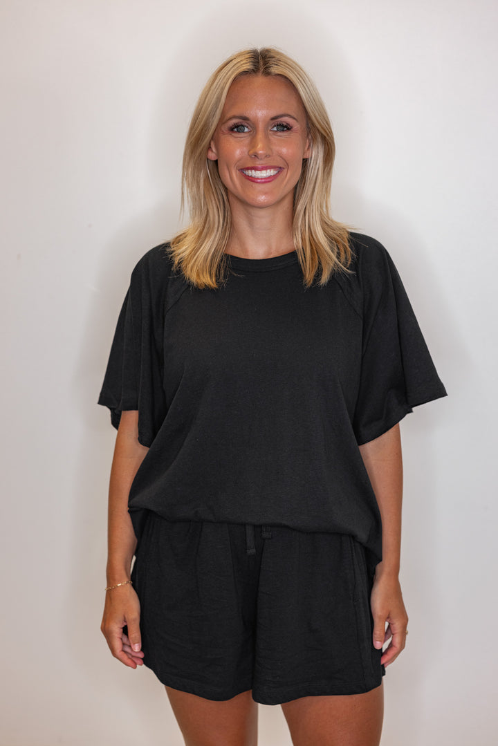 Black cotton slub knit shorts and top set by Rae Mode