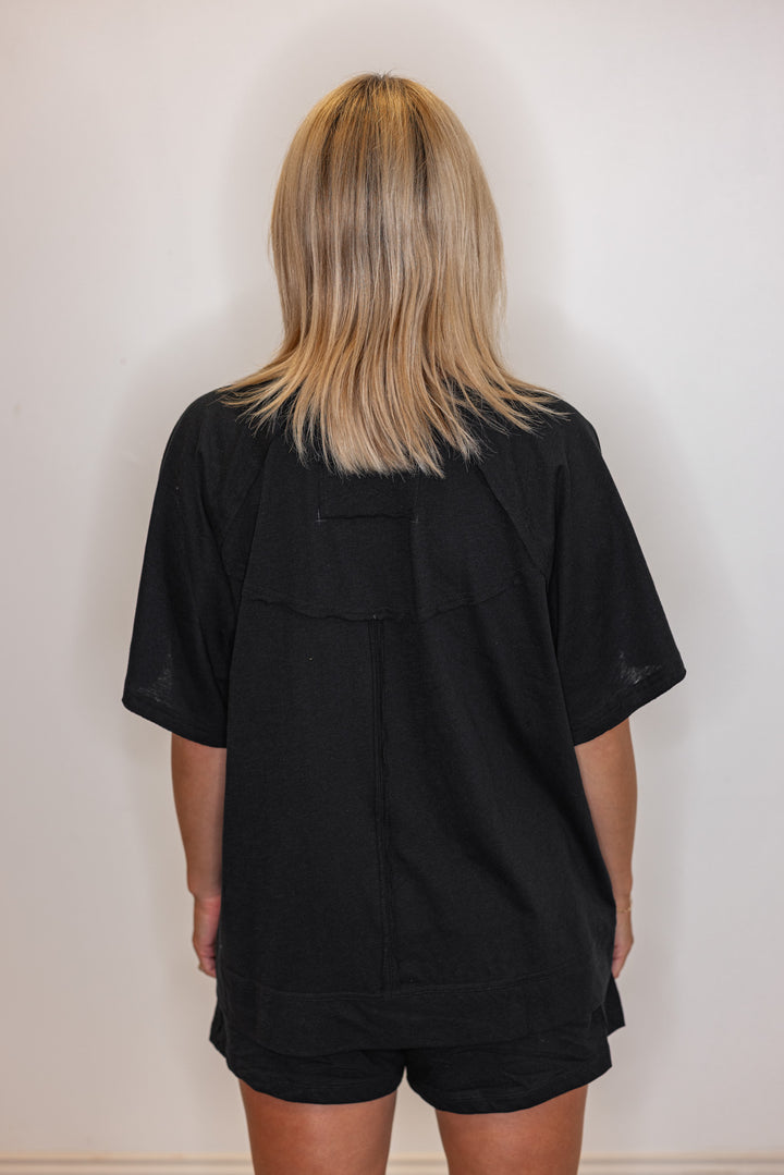 Black cotton slub knit shorts and top set by Rae Mode showing back view