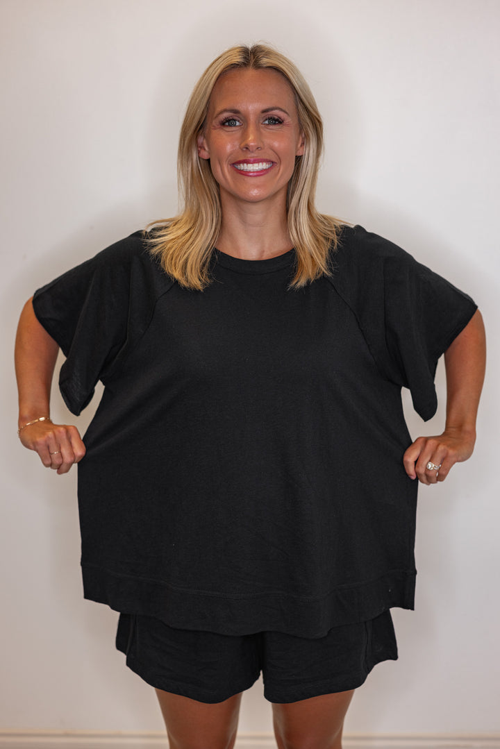 Black cotton slub knit shorts and top set by Rae Mode showing tops relaxed fit