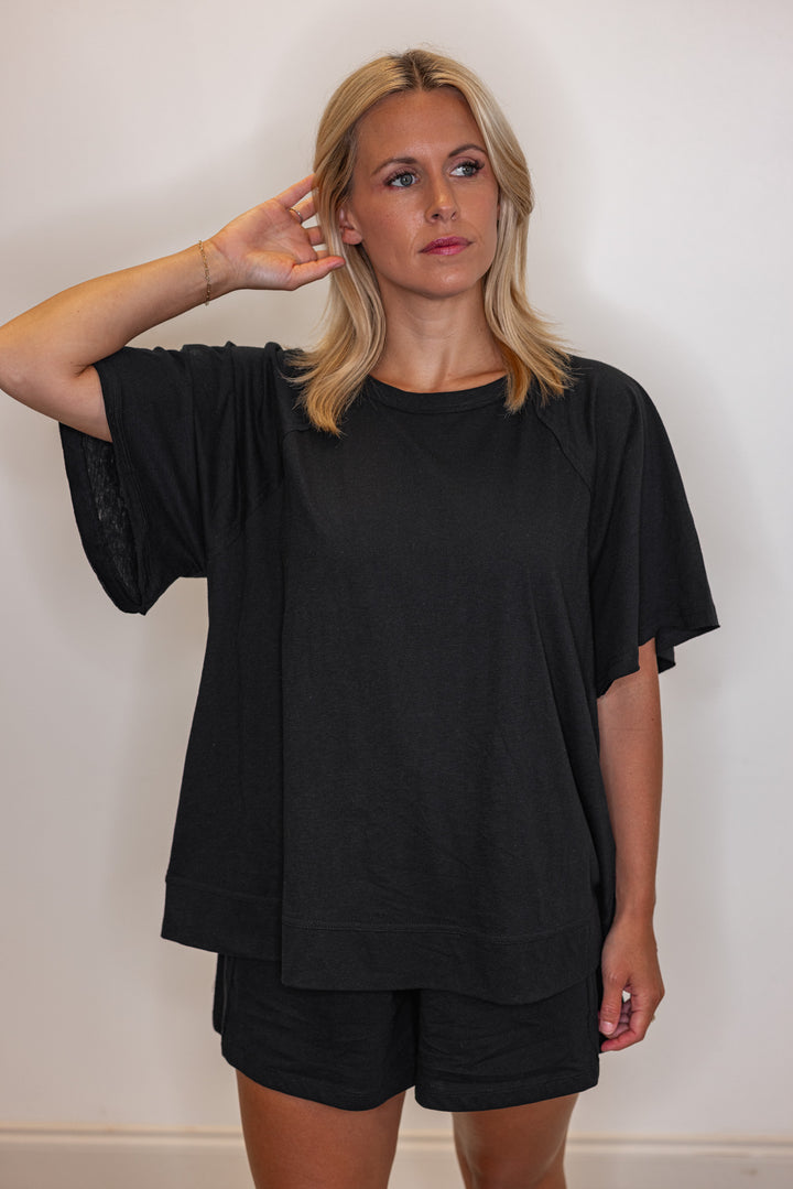 Black cotton slub knit shorts and top set by Rae Mode showing up close front view