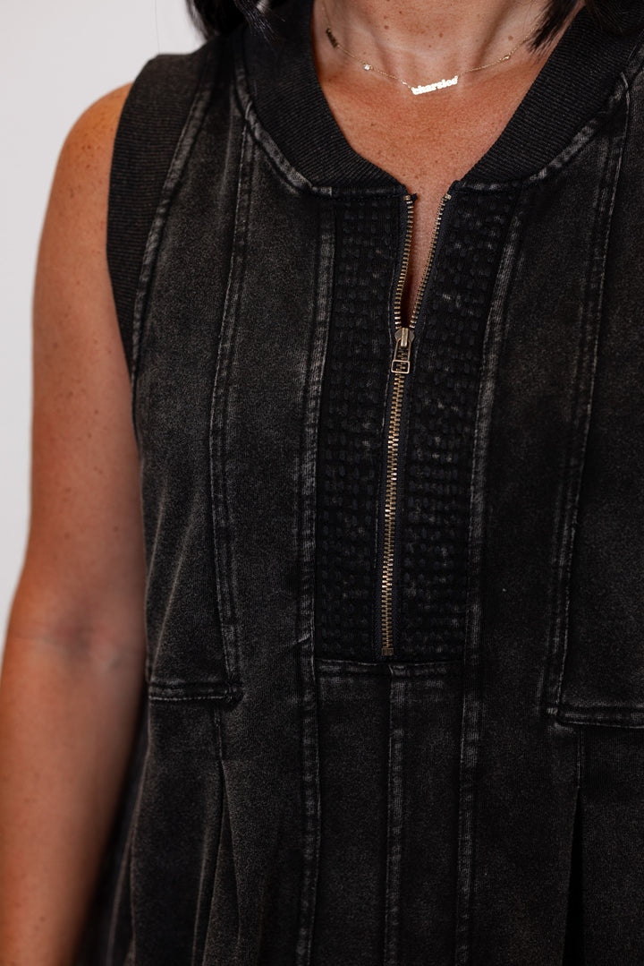 washed black cotton romper detail