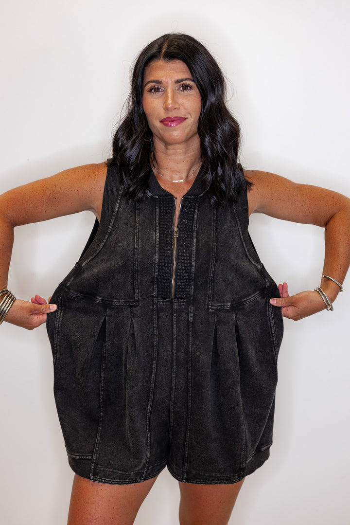 oversized washed black cotton romper 