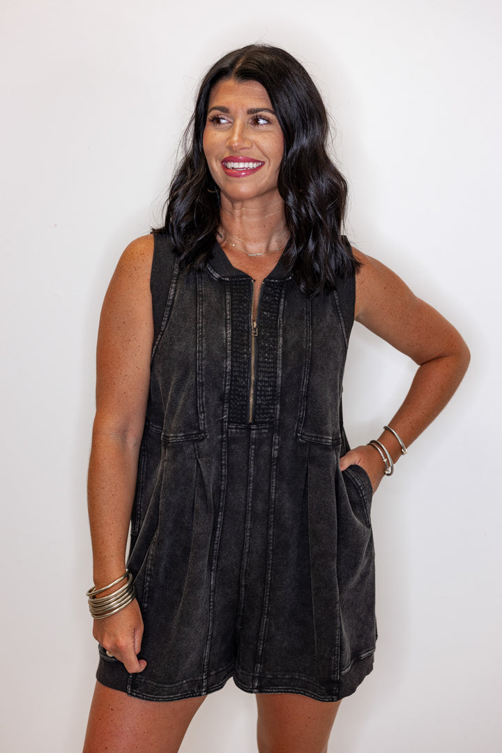 black mineral washed cotton romper