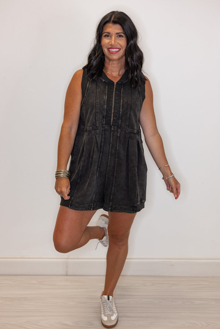 black mineral washed cotton oversized romper