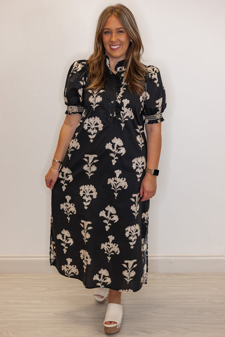 Women's  short sleeve black midi dress with taupe botanical floral print 