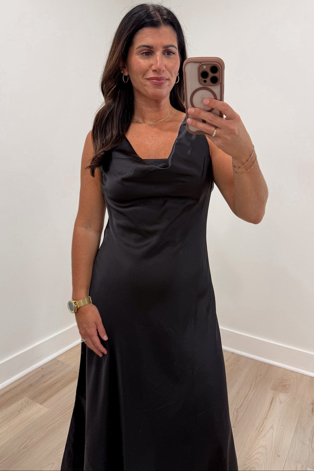 classy solid black cowl neck sleeveless semi-fitted silhouette satin-feel maxi dress