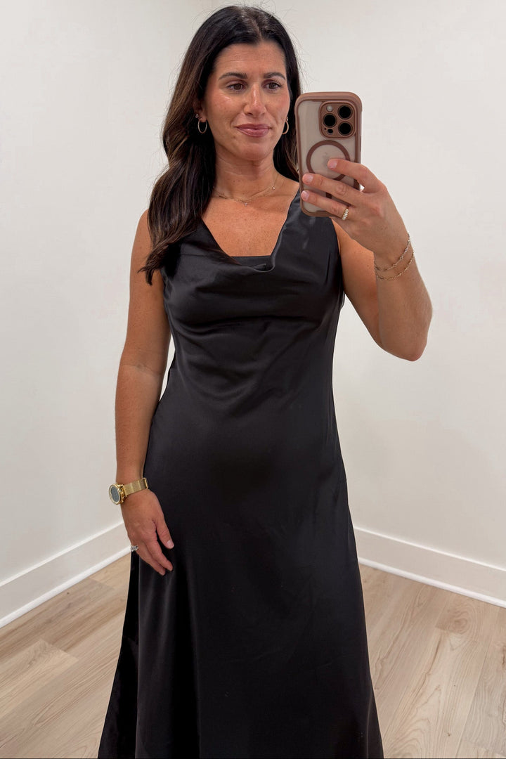 classy solid black cowl neck sleeveless semi-fitted silhouette satin-feel maxi dress