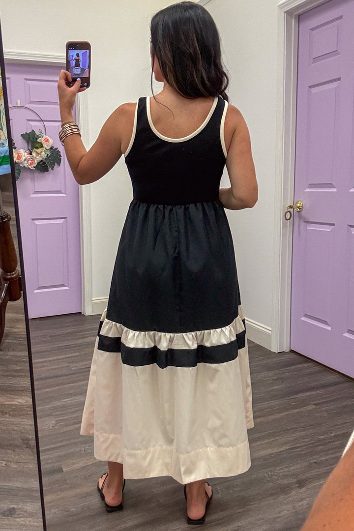 black and cream colorblock sleeveless tiered maxi dress