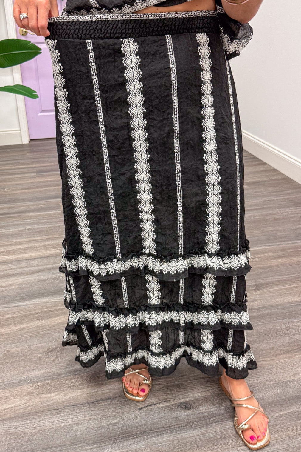 black with cream embroidered striped details elastic waistband ruffle tiered midi skirt