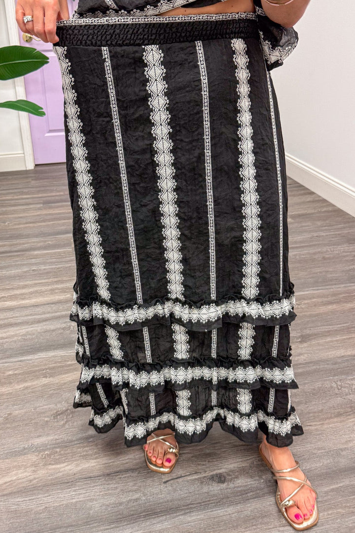 black with cream embroidered striped details elastic waistband ruffle tiered midi skirt