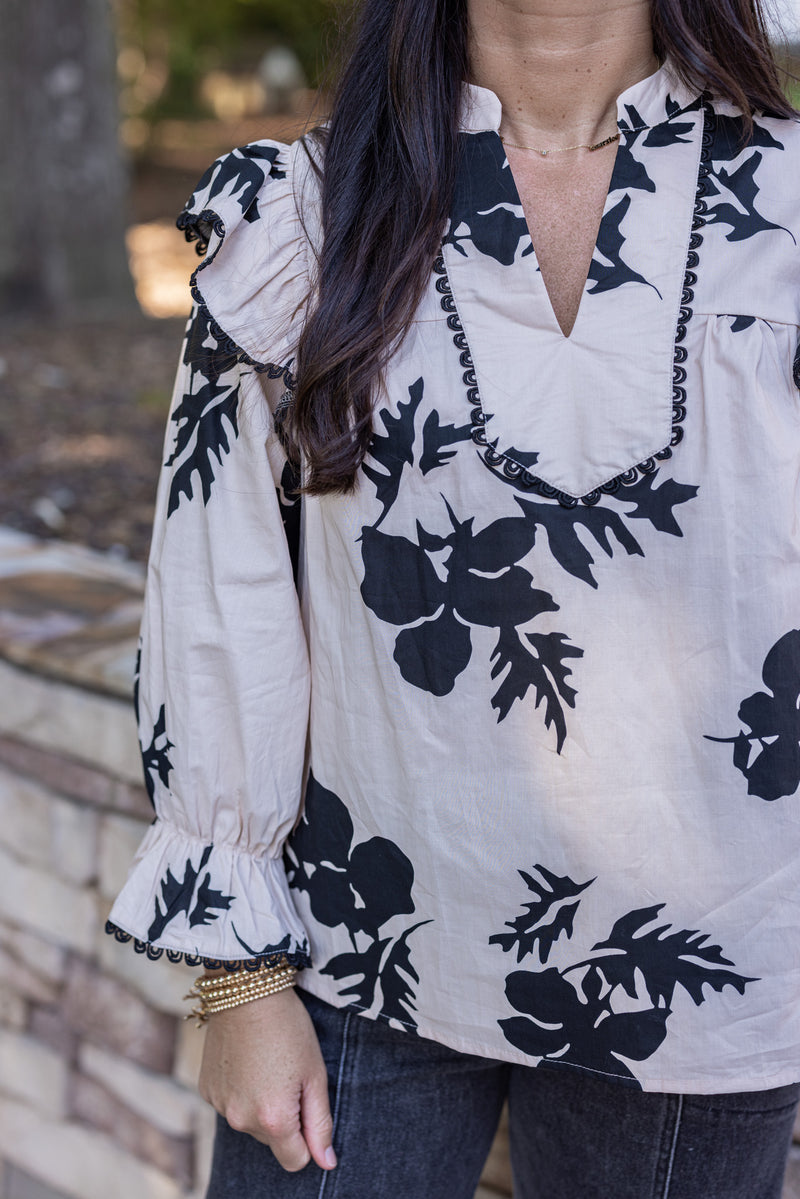 cream black floral dressy top