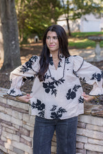 cream black floral dressy top