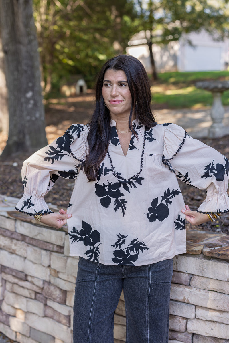 cream black floral dressy top