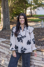 cream black floral dressy top