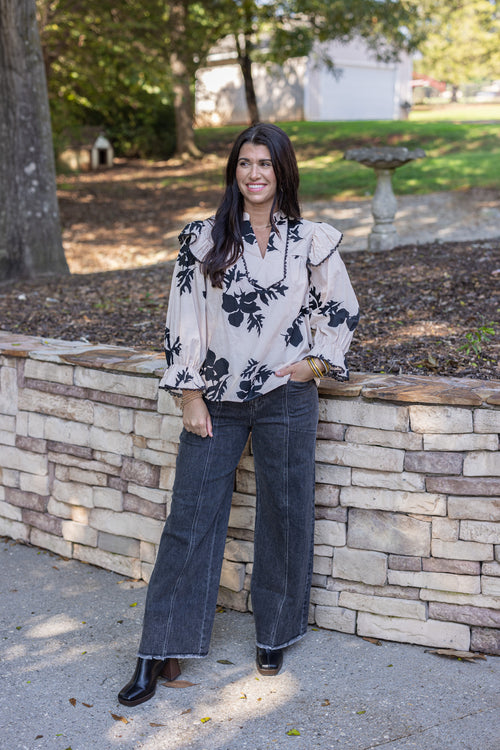 cream black floral dressy top