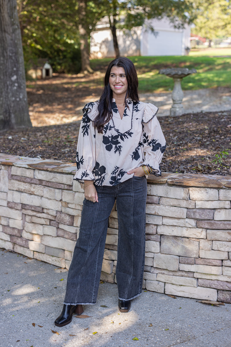 cream black floral dressy top