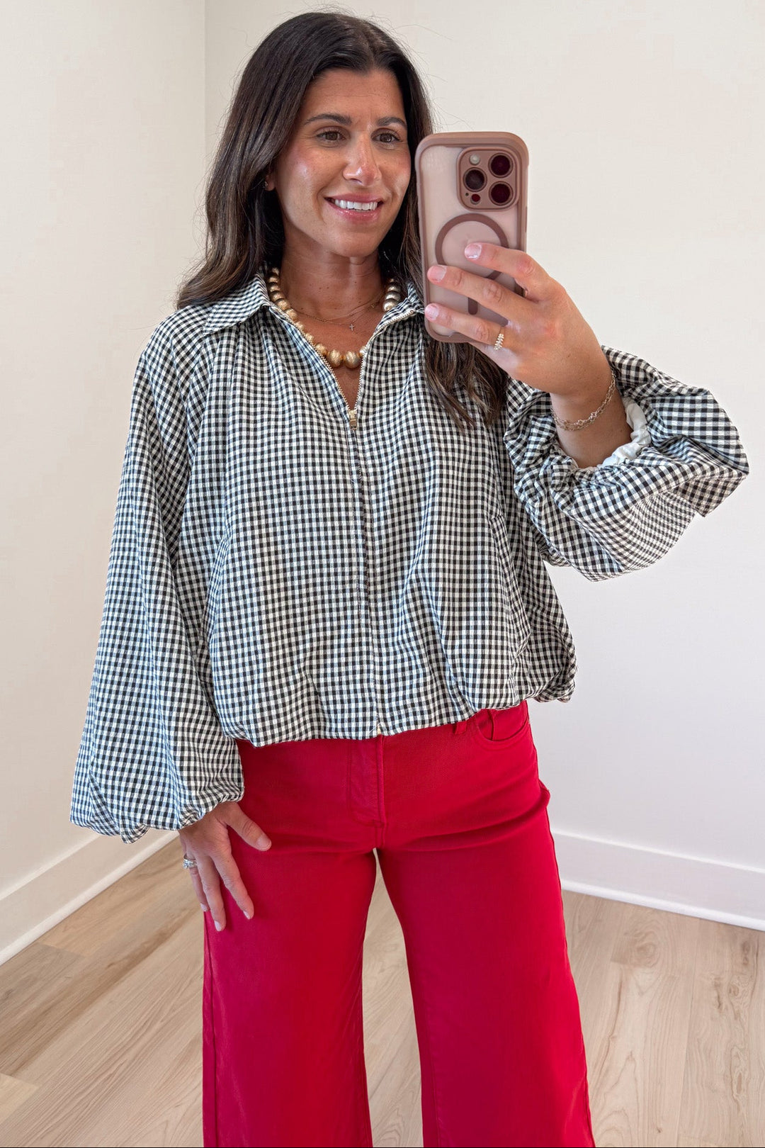 black and cream gingham checkered print semi-cropped bubble hem lightweight jacket