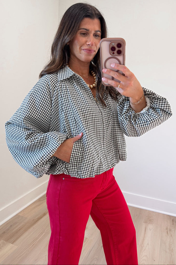black and cream gingham checkered print semi-cropped lightweight jacket with front pockets