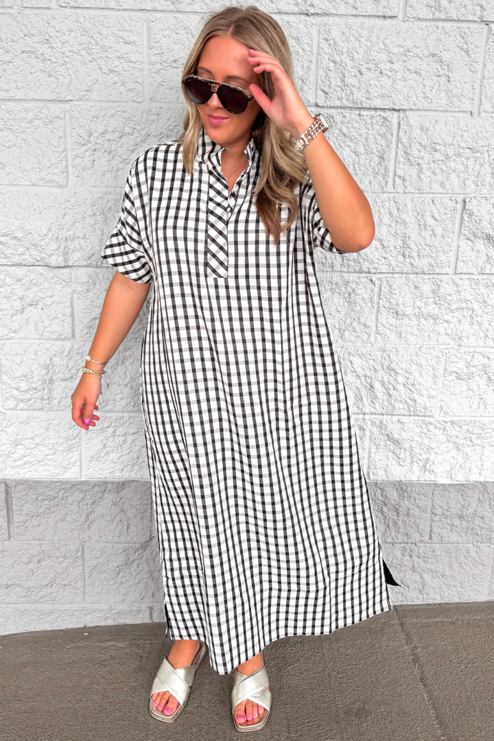 black and cream gingham checkered print cuffed short sleeve relaxed silhouette midi dress