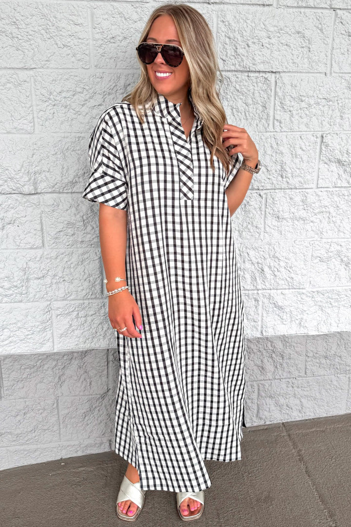 black and cream gingham checkered print mock neck cuffed short sleeve midi dress