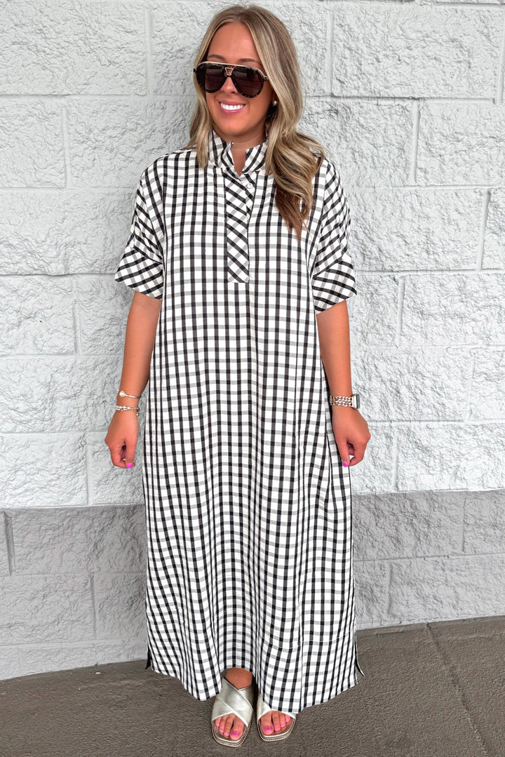 black and cream gingham checkered print cuffed short sleeve midi dress