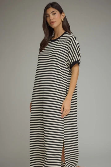 Entro black and off white striped midi dress with dolman sleeves and side pockets