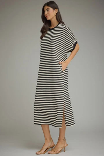 Entro black and off white striped midi dress with dolman sleeves with side slits