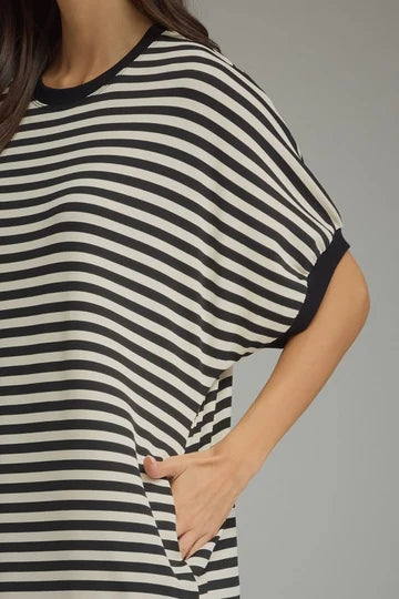 Entro black and off white striped midi dress with trendy dolman sleeves