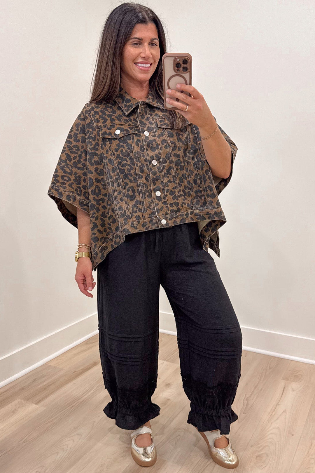solid black elastic waist wide leg cropped lightweight pants with elastic ruffle cuffed ankles