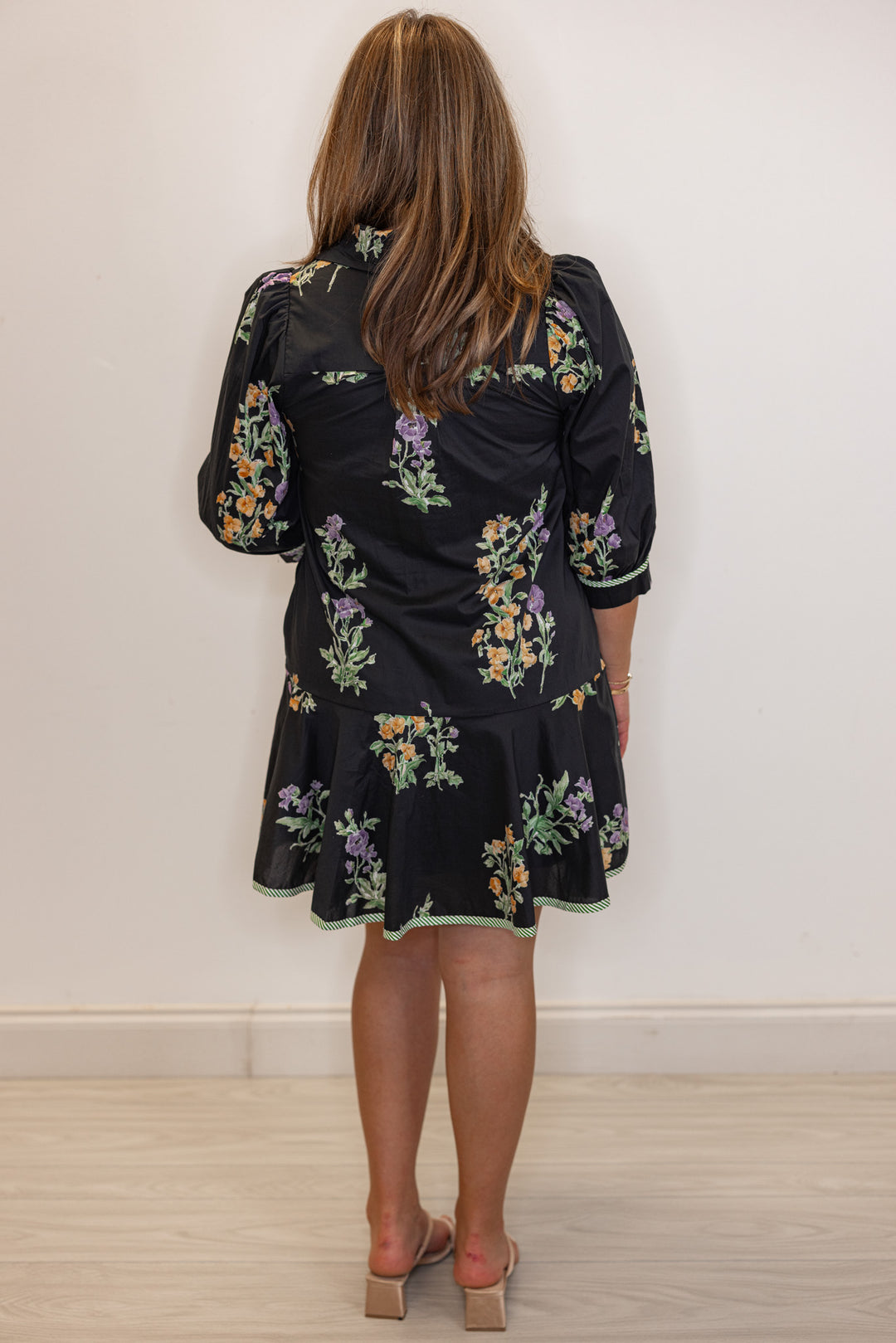 black poplin floral babydoll short dresses