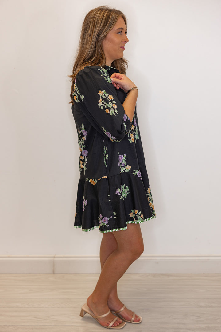 black poplin floral babydoll short dress