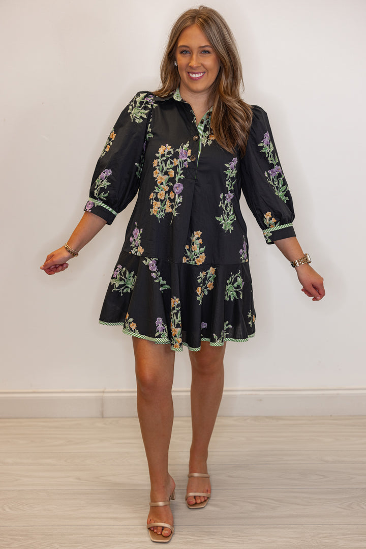 black poplin floral print babydoll dress