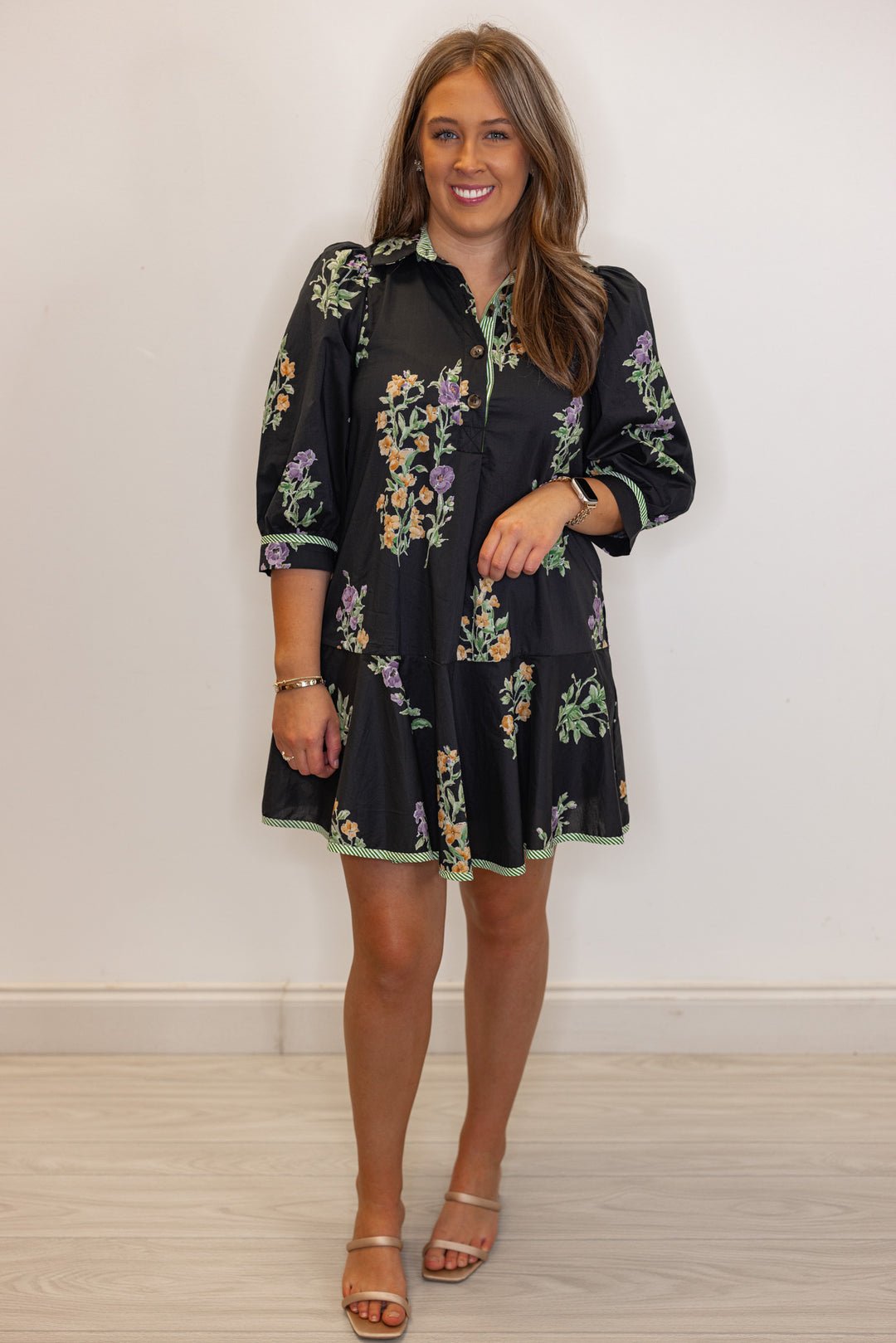 women's black poplin floral babydoll short dress