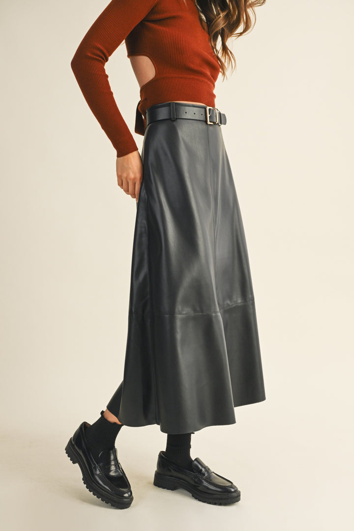 Women's black faux leather flowy midi skirt with belt by Mustard Seed showing side view