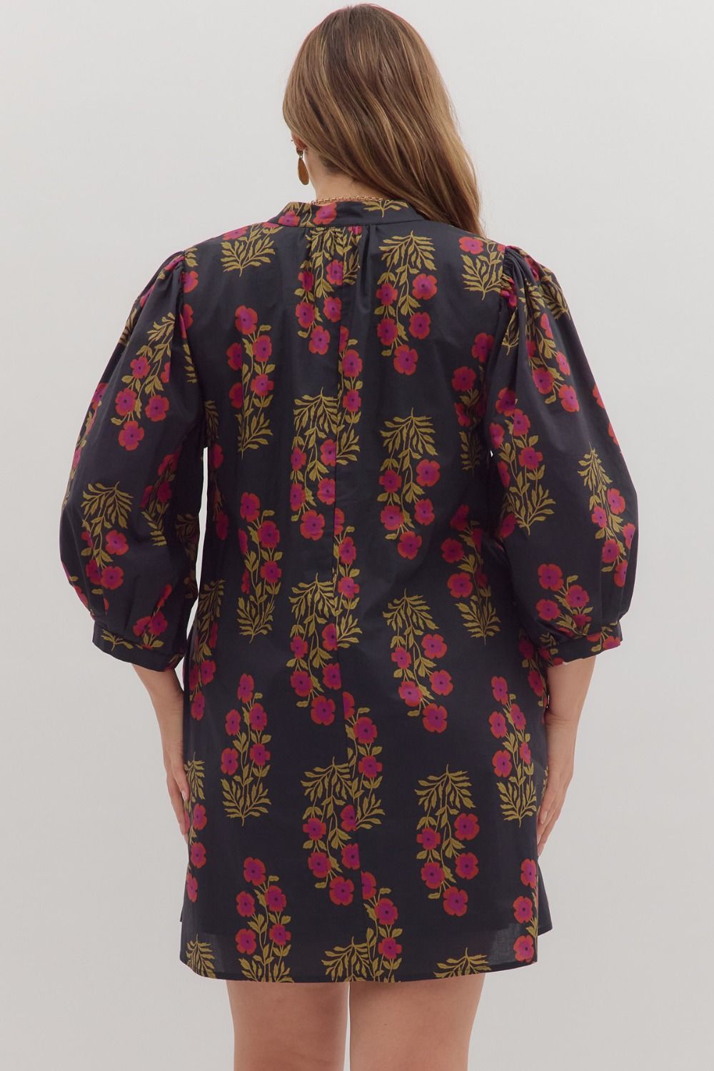 Women's black, burgundy and olive floral print dress by Entro in plus showing back view