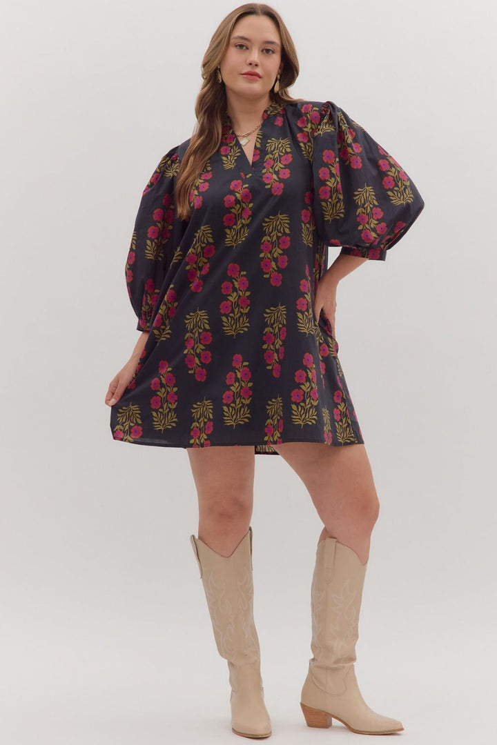 Women's black, burgundy and olive floral print dress by Entro in plus showing full front view