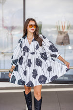 black white long sleeve babydoll dress