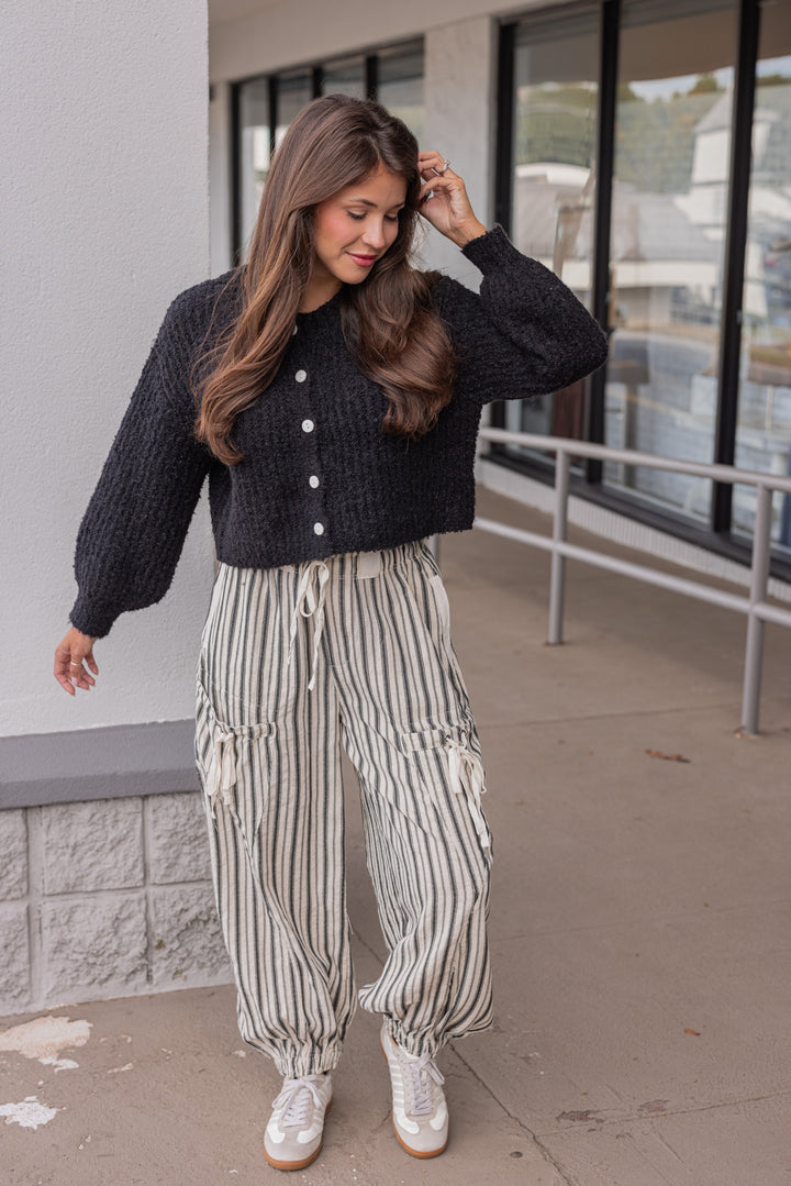 Women's black fuzzy knit textured button front sweater cardigan by hyfve, cozy outfit inspiration