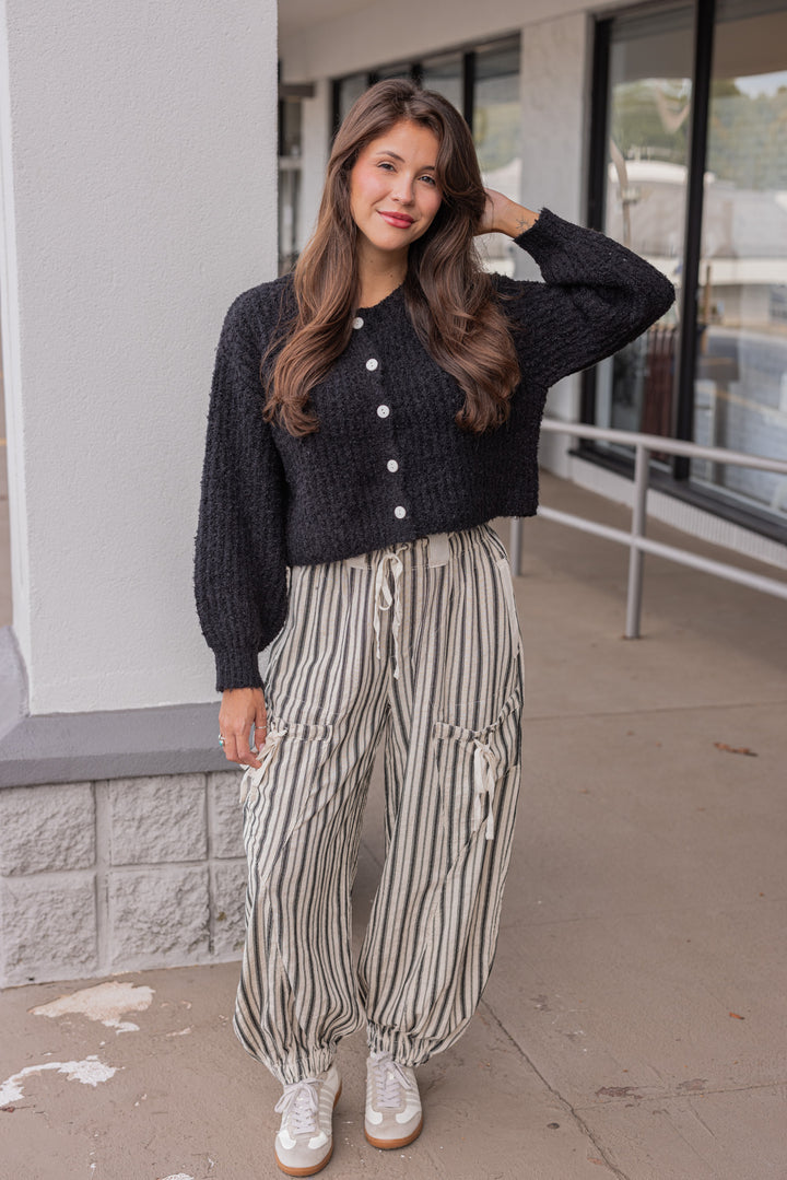 Women's oatmeal linen cargo jogger pants with black stripes by ee:some, perfect for teachers