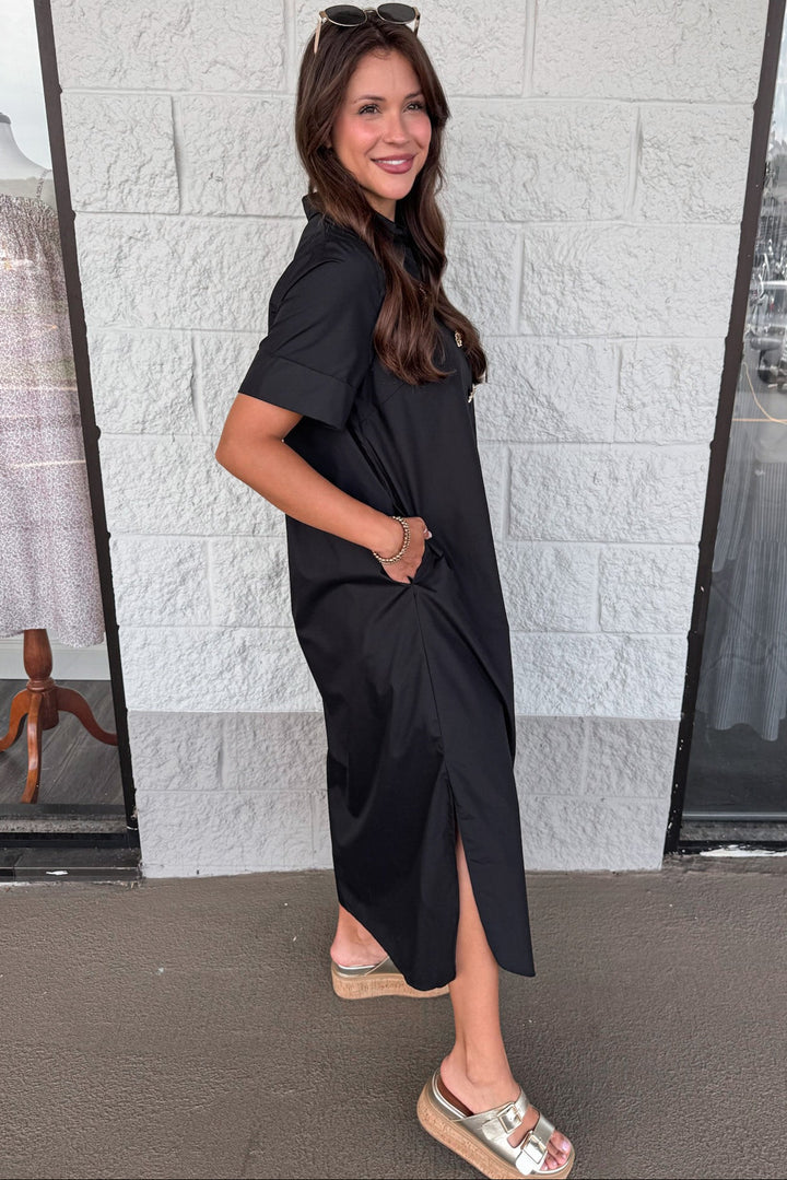 solid black with gold decorative bodice buttons short sleeve midi dress with side pockets