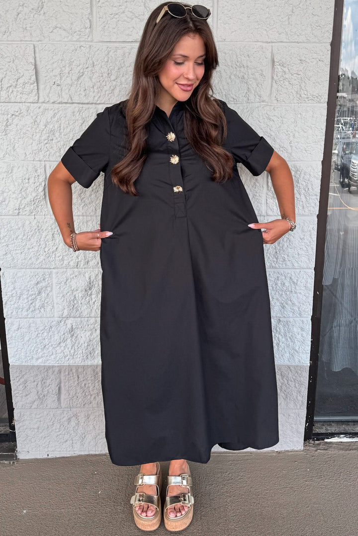 solid black with gold decorative bodice buttons short sleeve relaxed silhouette midi dress