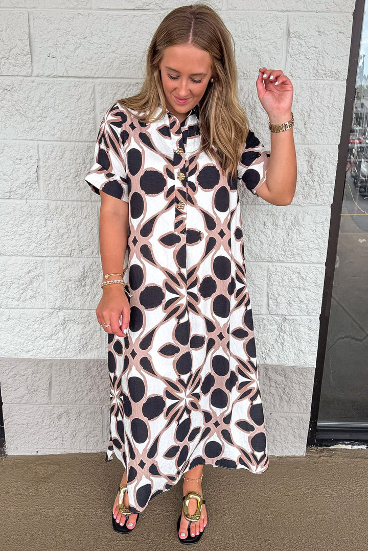 black ivory and taupe patterned print short sleeve button bodice relaxed silhouette midi dress