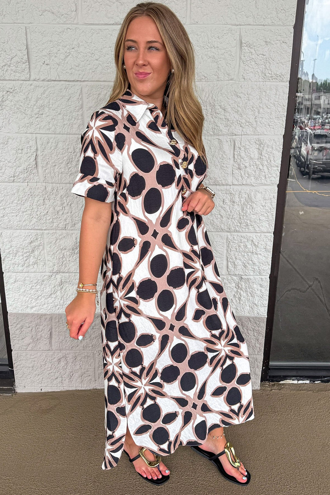 black ivory and taupe patterned print short sleeve button bodice midi dress with side pockets